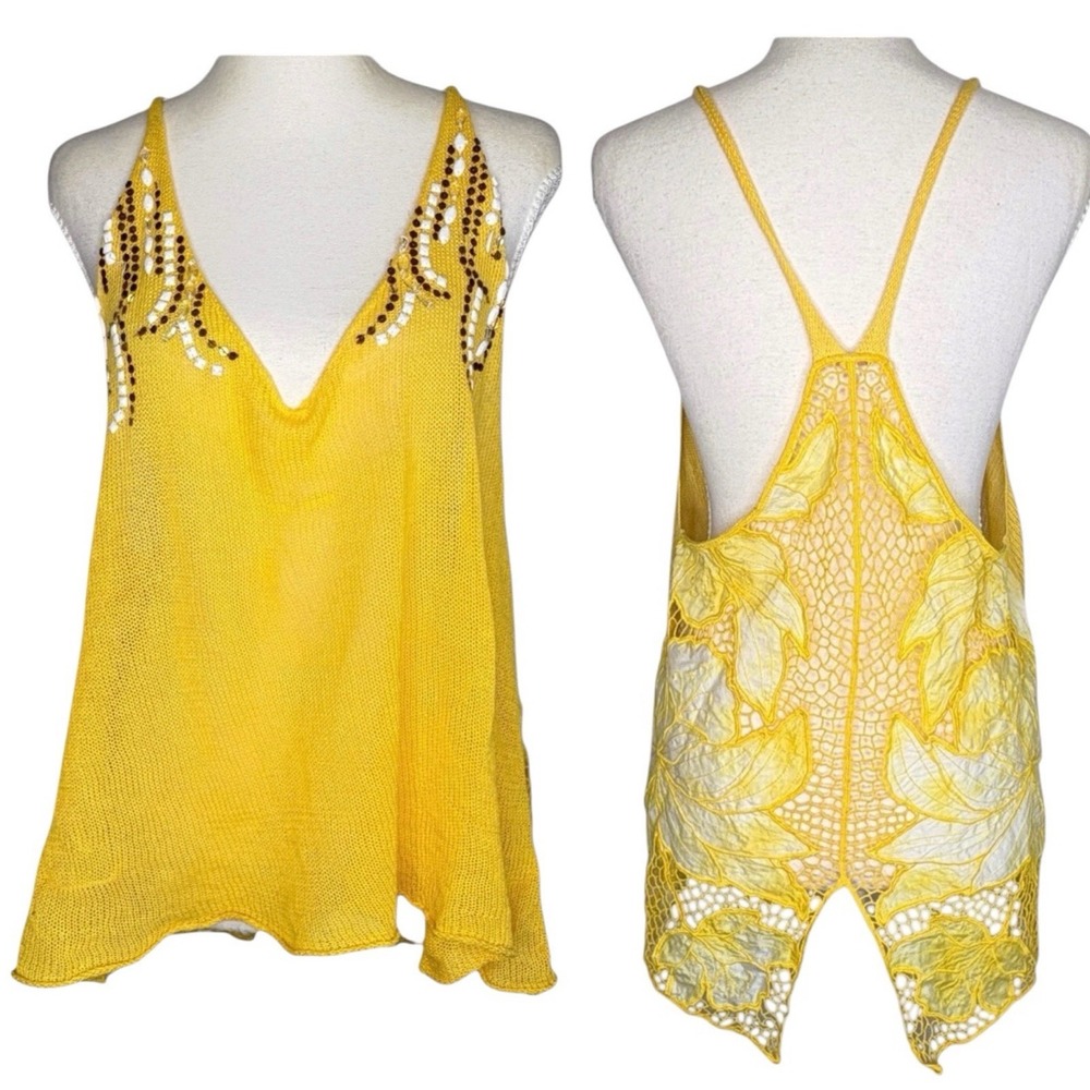 Free People Boho Fairy Beaded Lace Back Cami Tank Top XS Sheer Floral Cut Out